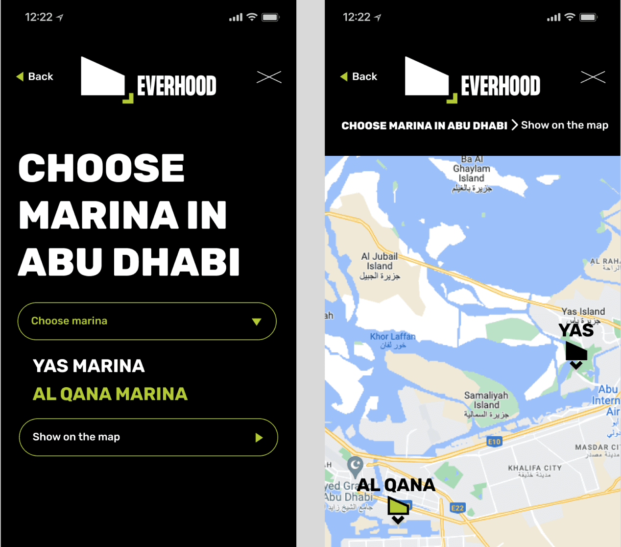 Экраны выбора марины в Абу-Даби: список Yas Marina и Al Qana Marina и карта с метками