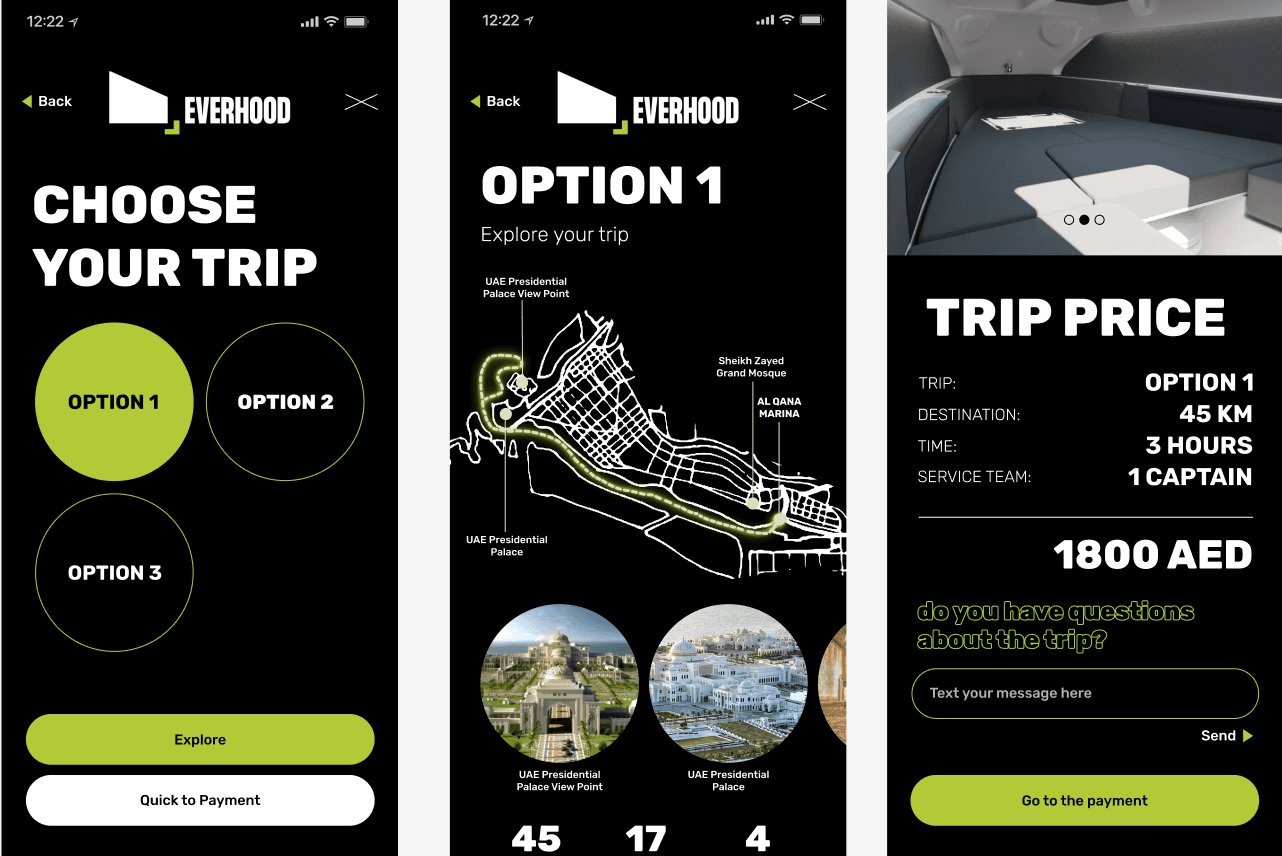 Экраны выбора маршрута, «Option 1» с картой и «Trip price» — 1800 AED за 3 часа с капитаном