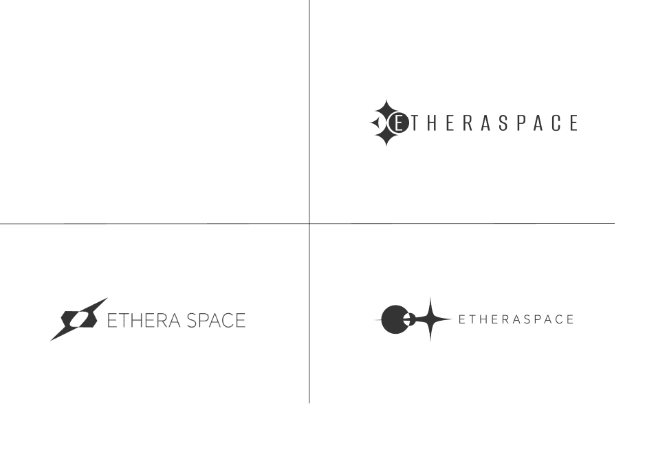 Три варианта логотипа Ethera Space: звезда с буквой E, наклонный знак, планета со звездой