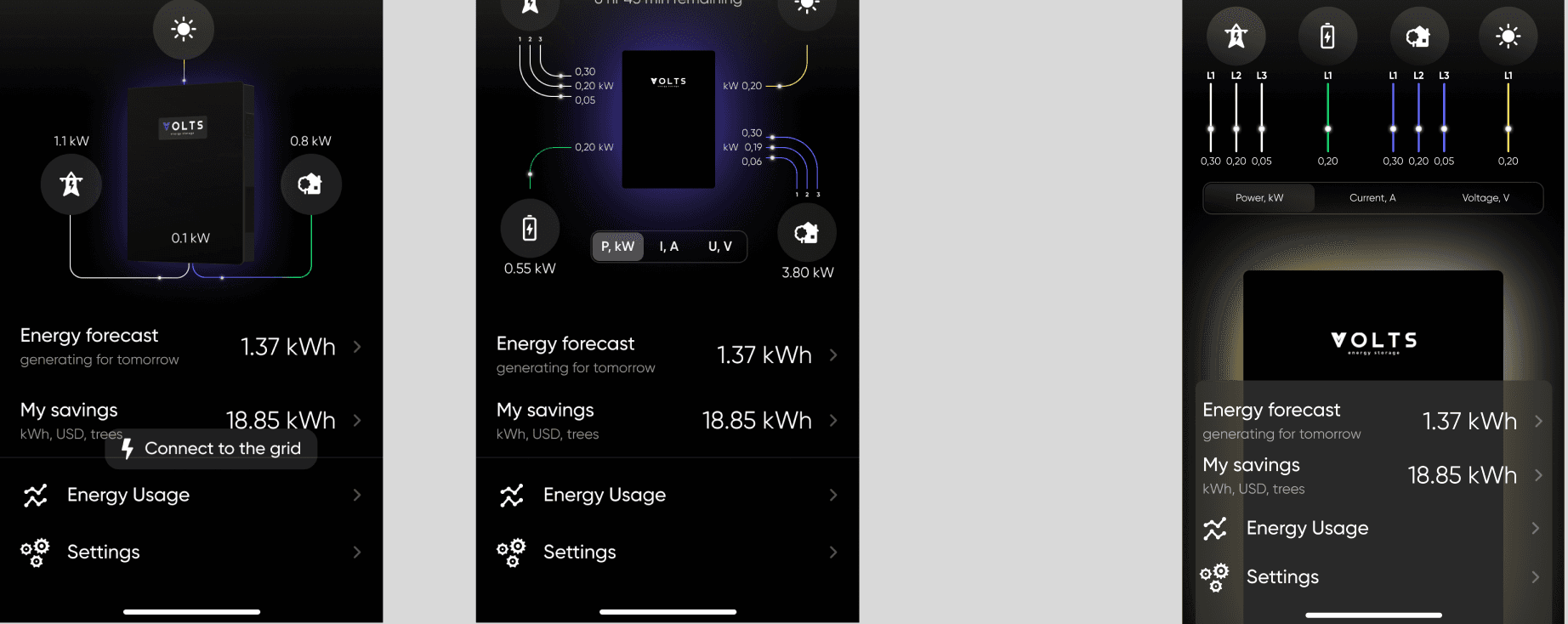 Главный экран приложения Volts: два экрана до редизайна и новый экран справа