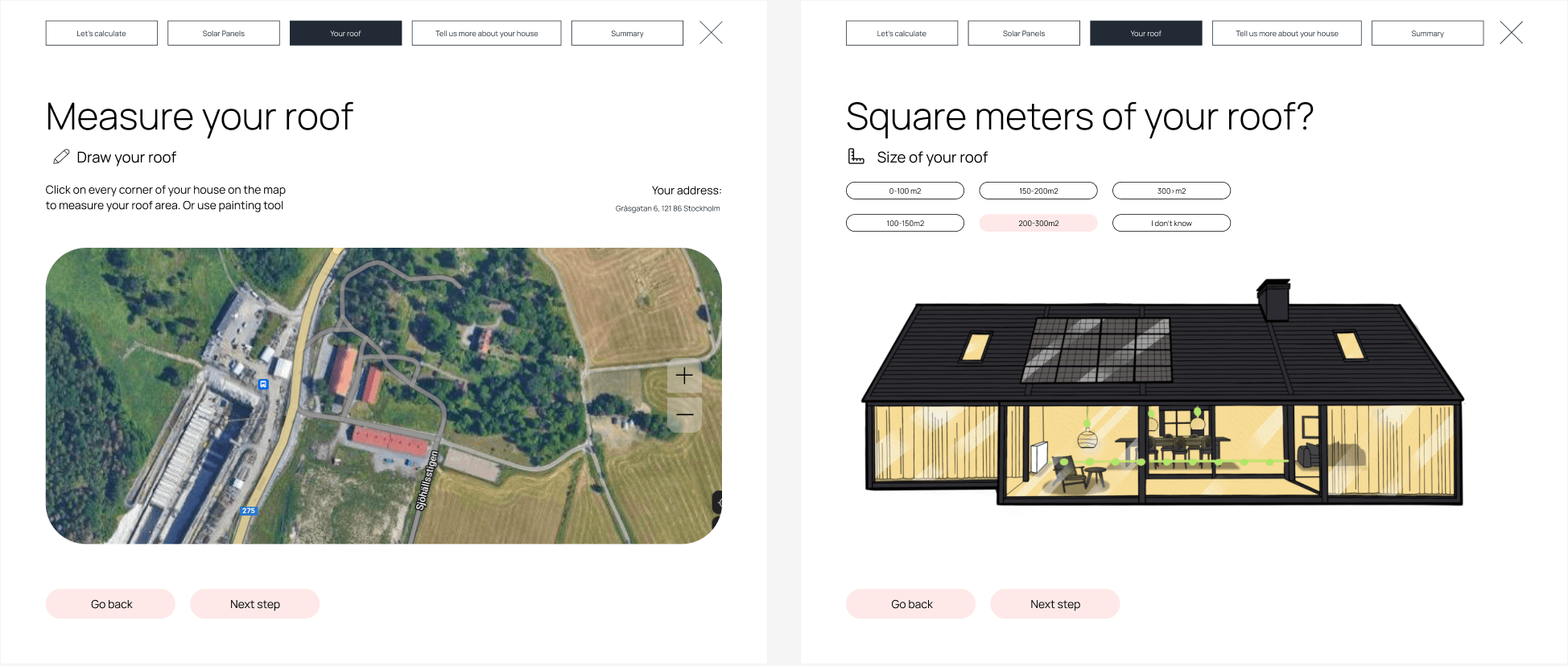 Калькулятор Wectro: экраны «Measure your roof» со спутниковой картой и «Square meters of your roof»