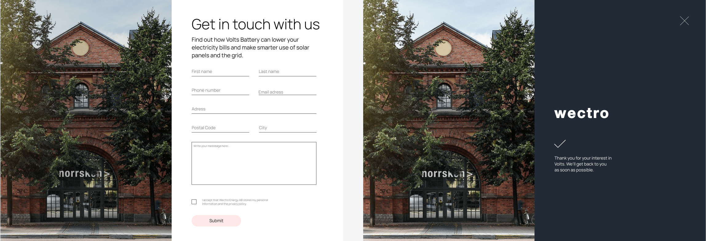 Страницы Wectro: форма заявки «Get in touch with us» и экран подтверждения «Thank you for your interest»