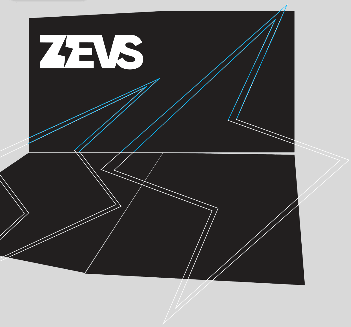 Концепт оформления парковочного места ZEVS: тёмный макет с логотипом и контурными молниями